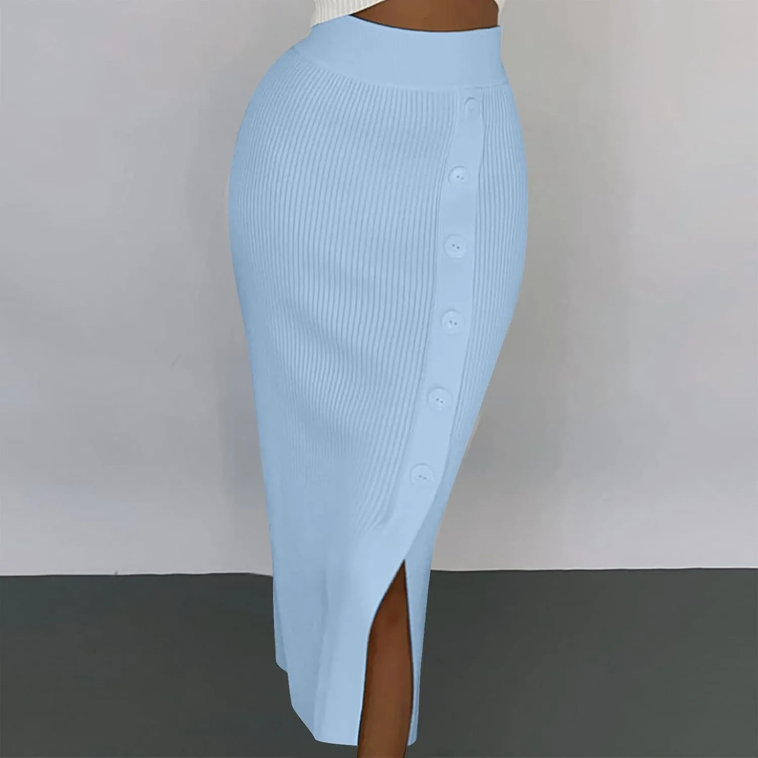 FZYLQY Slim Fit Ruched Pencil Skirts for Women High Waisted Elastic Band Bodycon Shirring Skirt Plus Size Skirt with Button