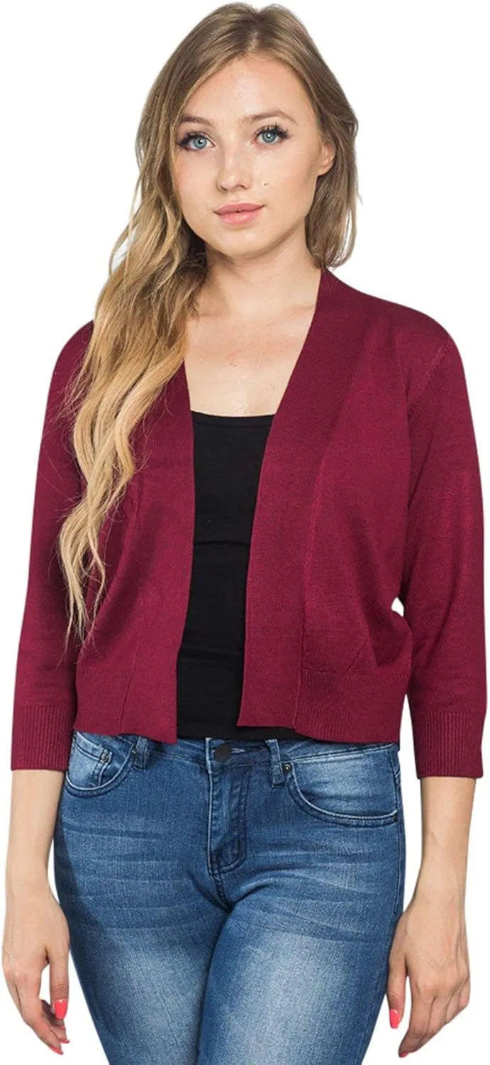 G-Style USA Women's 3/4 Sleeve Open Front Lightweight Cropped Shrug Cardigans Sweaters (S-XL)