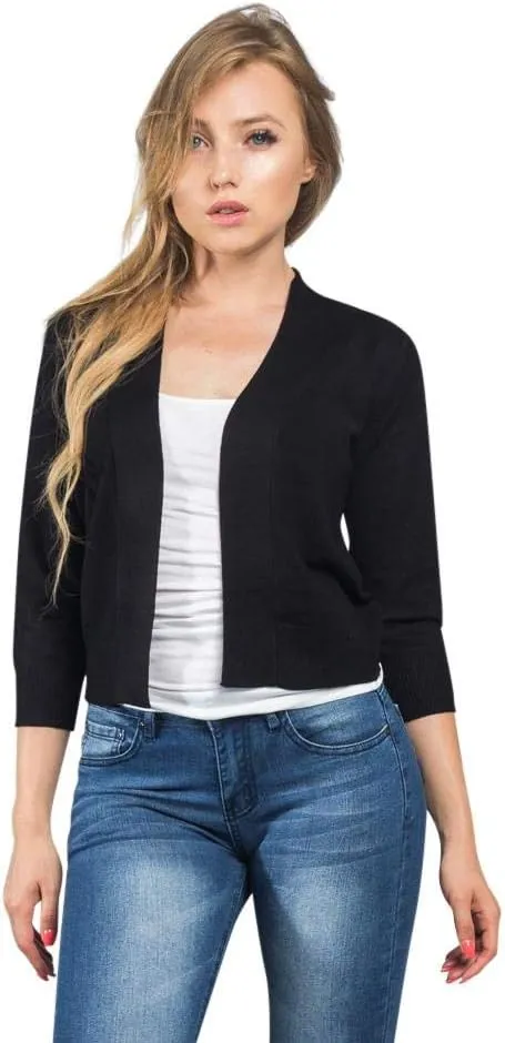G-Style USA Women's 3/4 Sleeve Open Front Lightweight Cropped Shrug Cardigans Sweaters (S-XL)
