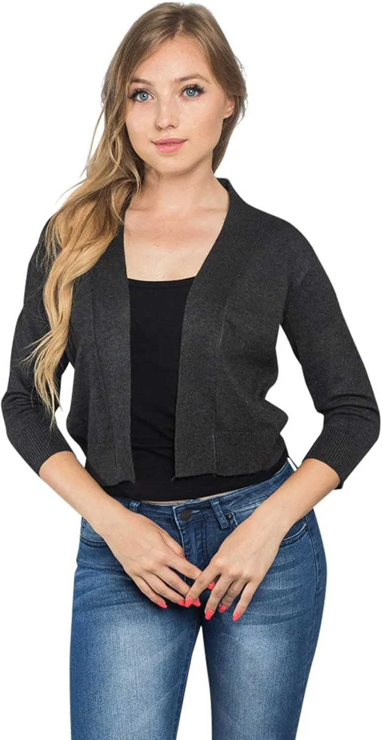 G-Style USA Women's 3/4 Sleeve Open Front Lightweight Cropped Shrug Cardigans Sweaters (S-XL)