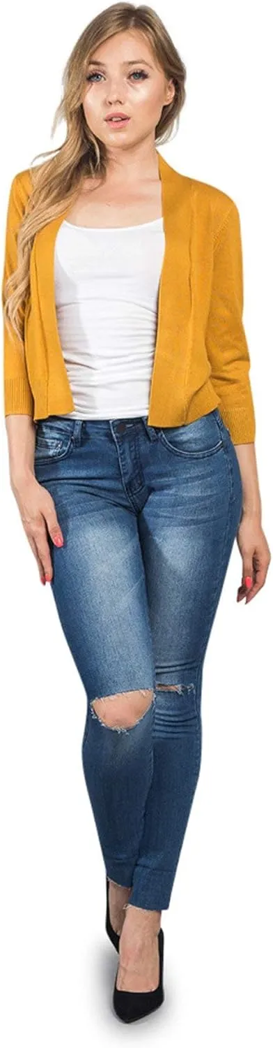 G-Style USA Women's 3/4 Sleeve Open Front Lightweight Cropped Shrug Cardigans Sweaters (S-XL)