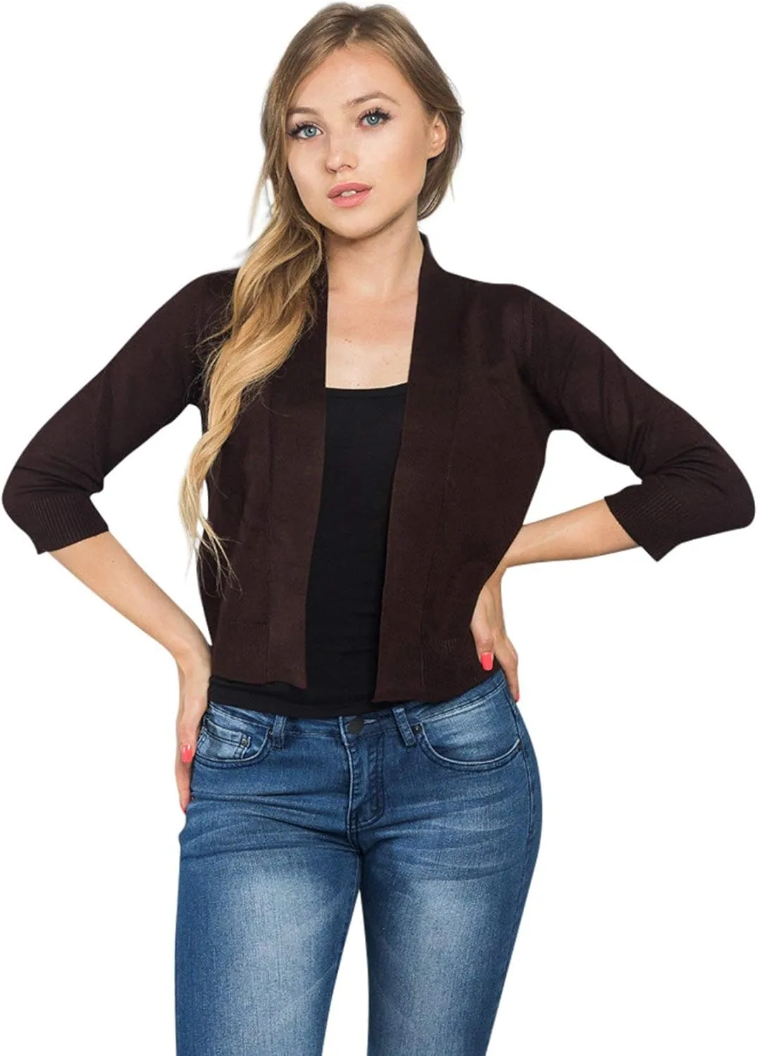 G-Style USA Women's 3/4 Sleeve Open Front Lightweight Cropped Shrug Cardigans Sweaters (S-XL)
