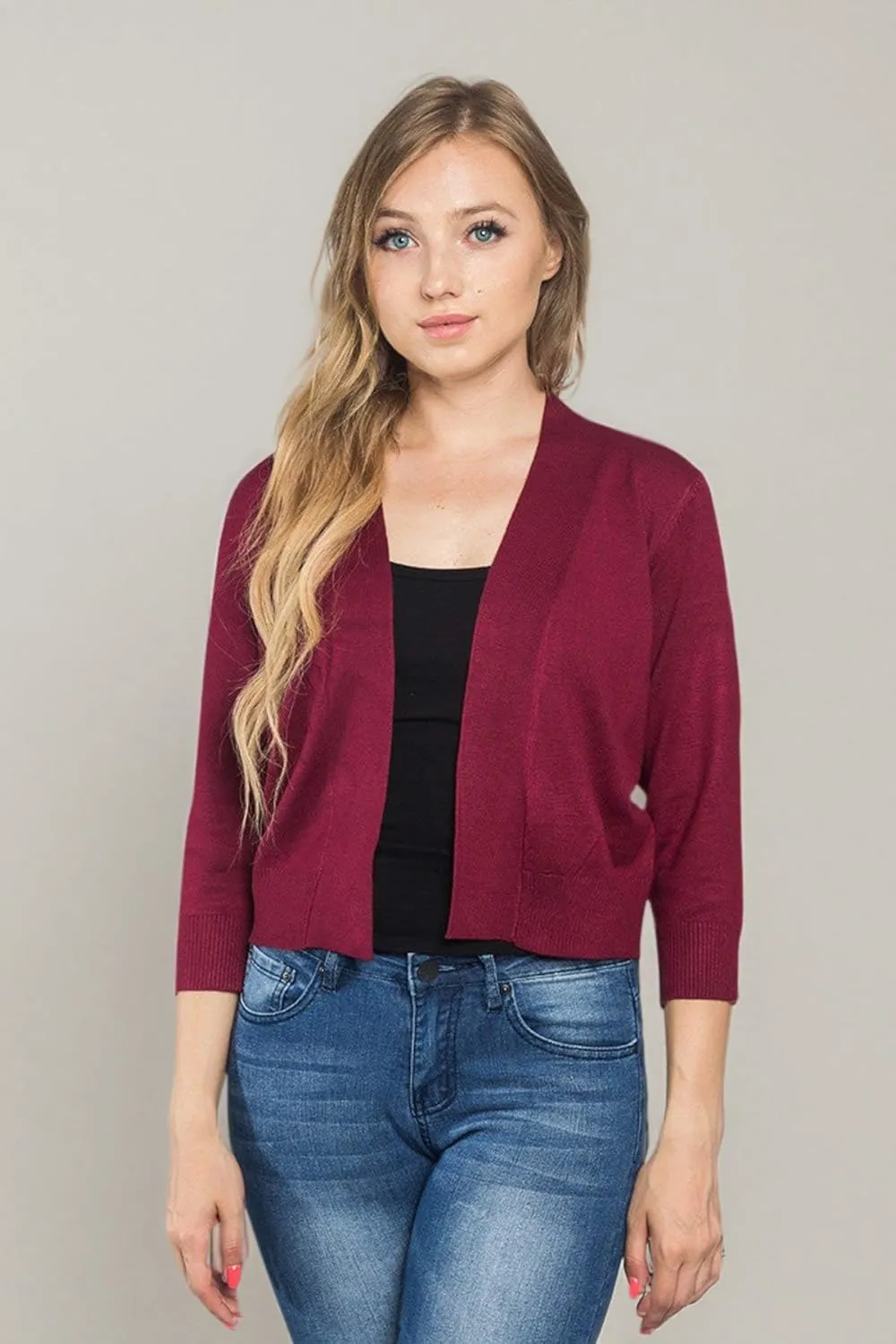 G-Style USA Women's 3/4 Sleeve Open Front Lightweight Cropped Shrug Cardigans Sweaters (S-XL)