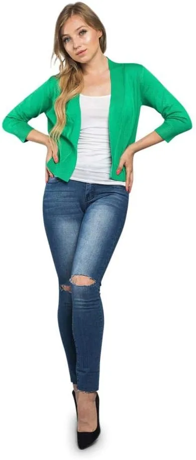 G-Style USA Women's 3/4 Sleeve Open Front Lightweight Cropped Shrug Cardigans Sweaters (S-XL)