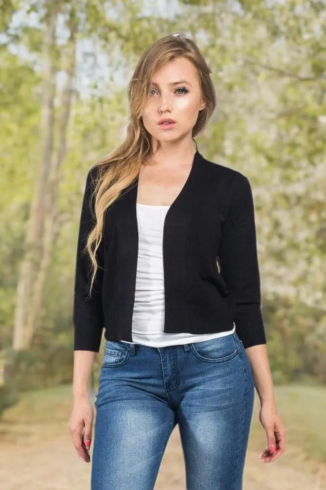 G-Style USA Women's 3/4 Sleeve Open Front Lightweight Cropped Shrug Cardigans Sweaters (S-XL)