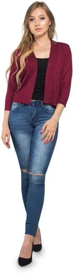 G-Style USA Women's 3/4 Sleeve Open Front Lightweight Cropped Shrug Cardigans Sweaters (S-XL)