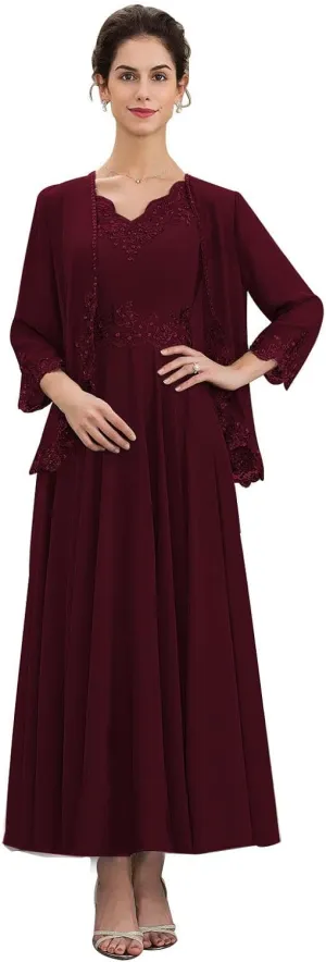 GARDOM Appliques 2 Pieces Mother of The Bride Dresses with Jackets Long Sleeve Tea Length Mother Groom Dress Wedding 2024