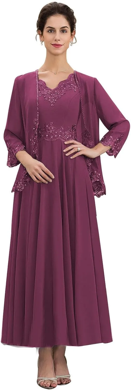 GARDOM Appliques 2 Pieces Mother of The Bride Dresses with Jackets Long Sleeve Tea Length Mother Groom Dress Wedding 2024