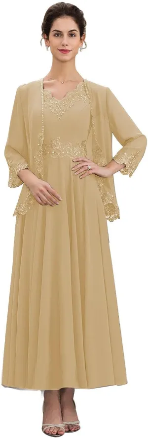 GARDOM Appliques 2 Pieces Mother of The Bride Dresses with Jackets Long Sleeve Tea Length Mother Groom Dress Wedding 2024