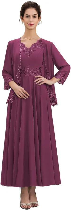 GARDOM Appliques 2 Pieces Mother of The Bride Dresses with Jackets Long Sleeve Tea Length Mother Groom Dress Wedding 2024