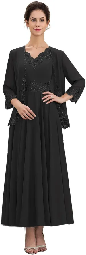 GARDOM Appliques 2 Pieces Mother of The Bride Dresses with Jackets Long Sleeve Tea Length Mother Groom Dress Wedding 2024