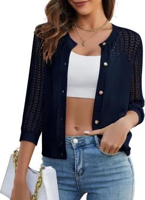 Genhoo 2024 Women's 3/4 Sleeve Cropped Cardigan Summer Lightweight Button Down Sweater Crochet Knit Bolero Shrugs