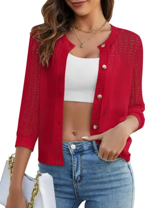 Genhoo 2024 Women's 3/4 Sleeve Cropped Cardigan Summer Lightweight Button Down Sweater Crochet Knit Bolero Shrugs