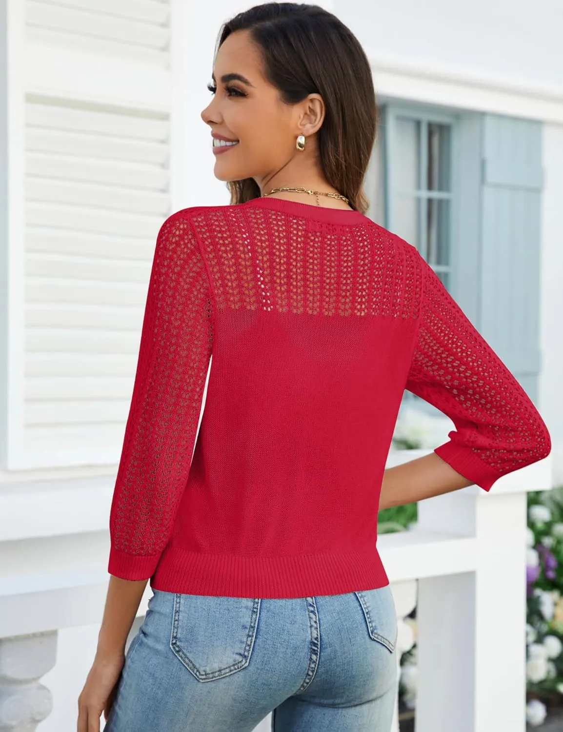 Genhoo 2024 Women's 3/4 Sleeve Cropped Cardigan Summer Lightweight Button Down Sweater Crochet Knit Bolero Shrugs