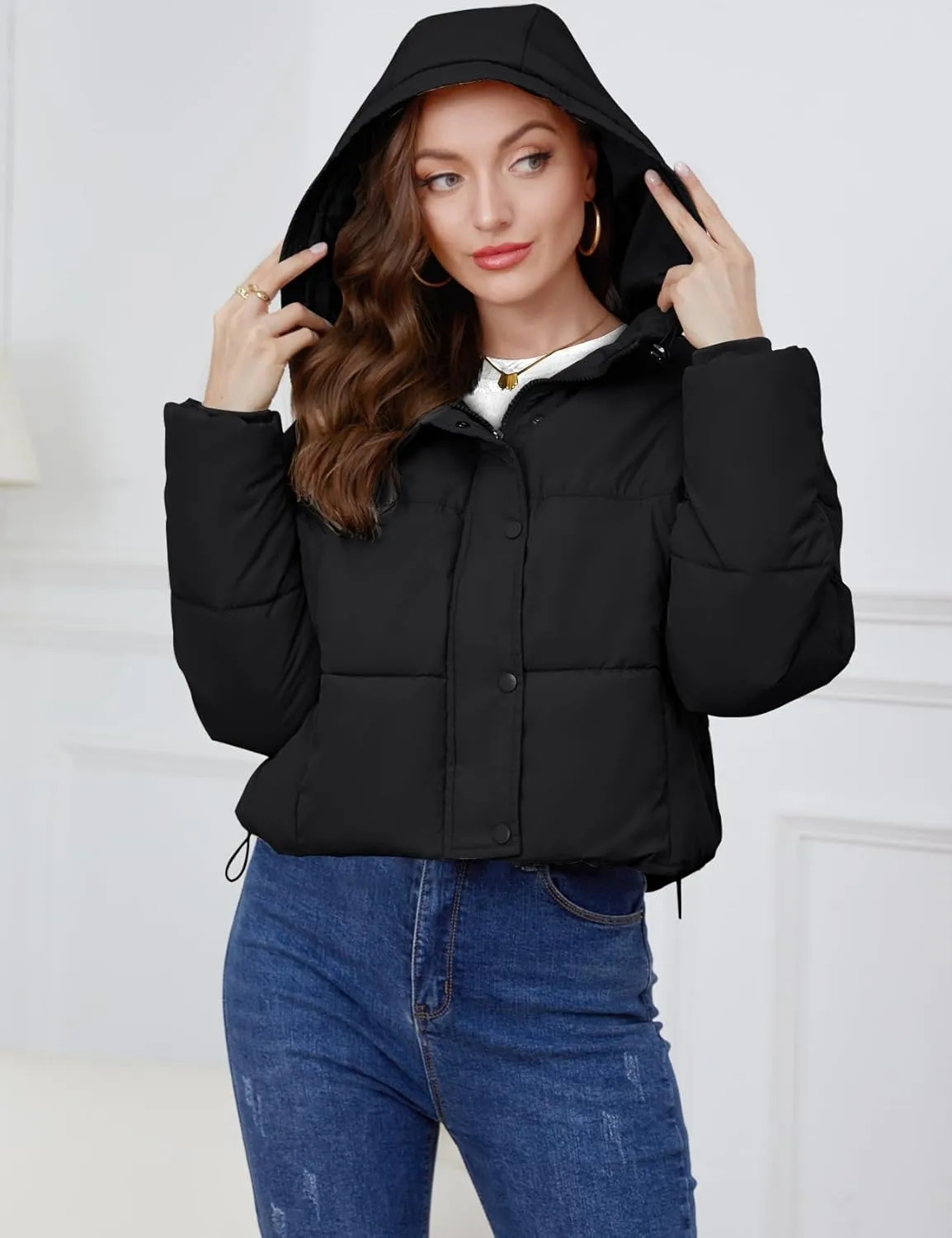 Gihuo Women's Cropped Puffer Jacket Zip Up Hooded Quilted Jackets Winter Short Padded Coat Outerwear