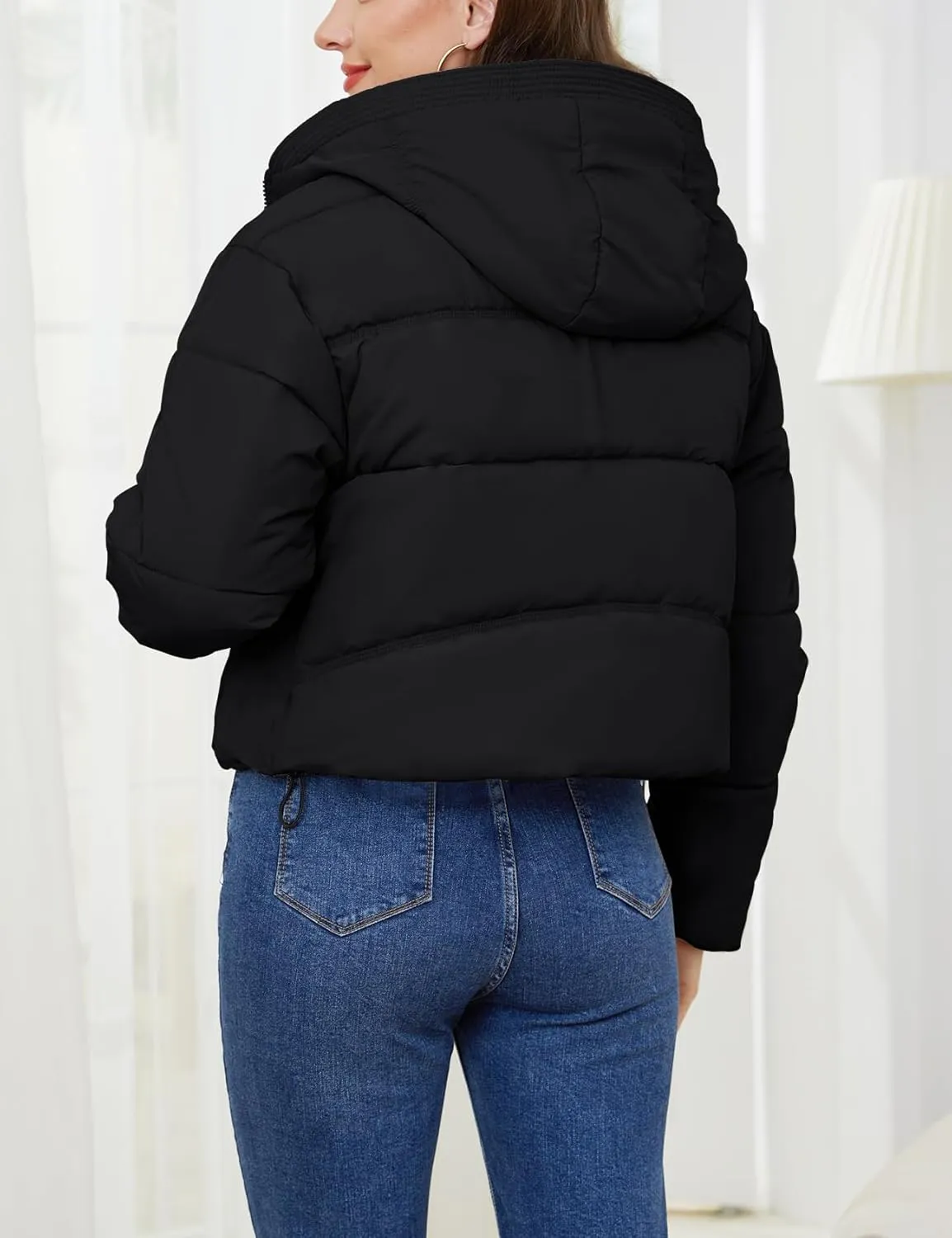 Gihuo Women's Cropped Puffer Jacket Zip Up Hooded Quilted Jackets Winter Short Padded Coat Outerwear