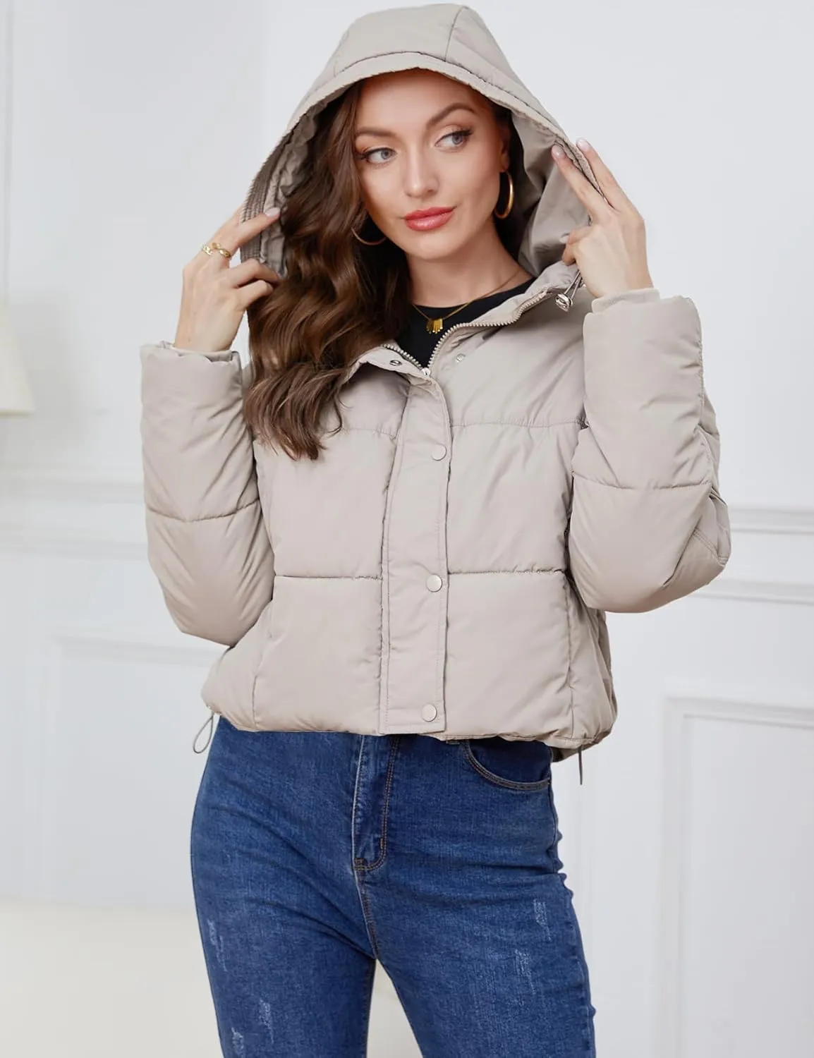 Gihuo Women's Cropped Puffer Jacket Zip Up Hooded Quilted Jackets Winter Short Padded Coat Outerwear