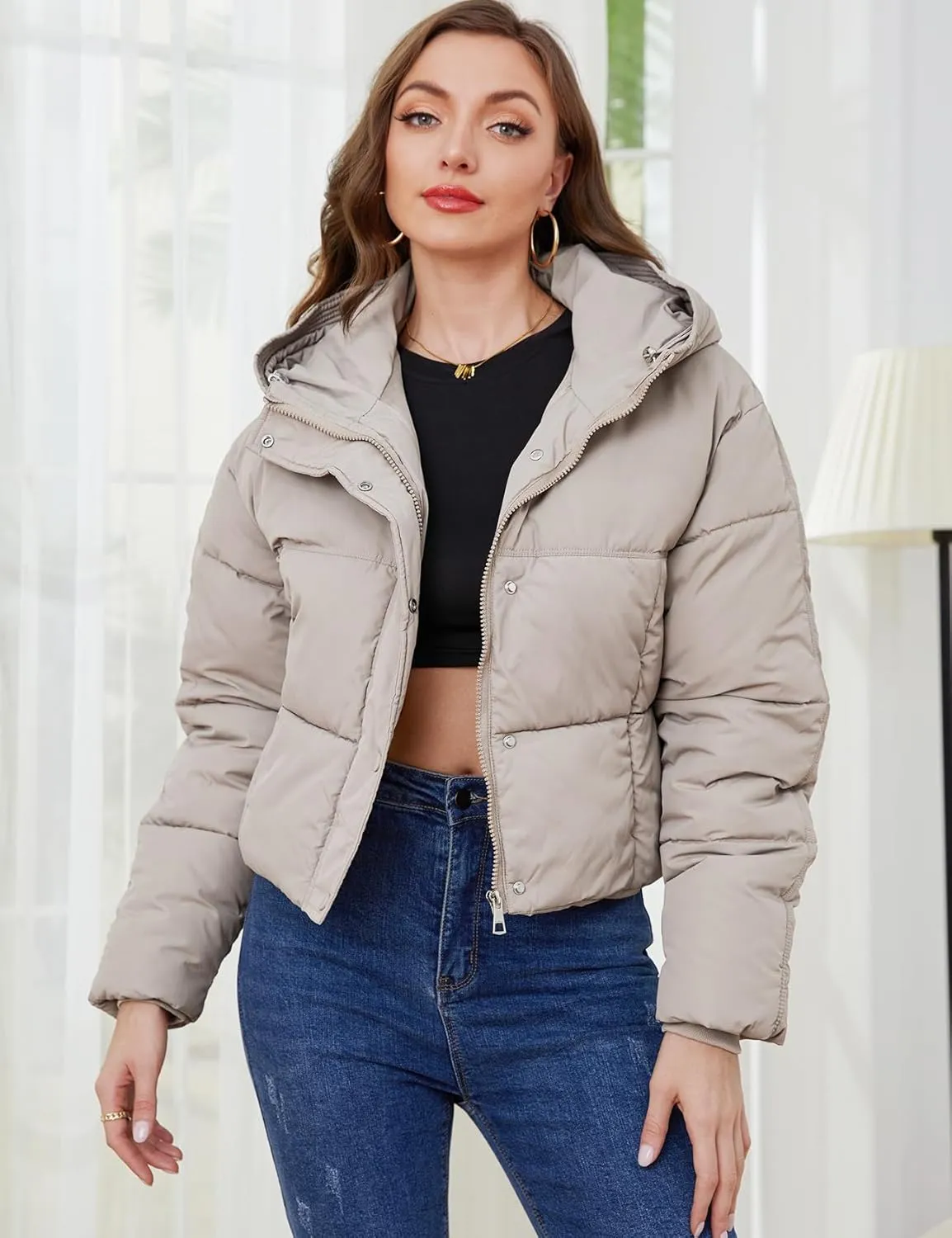 Gihuo Women's Cropped Puffer Jacket Zip Up Hooded Quilted Jackets Winter Short Padded Coat Outerwear