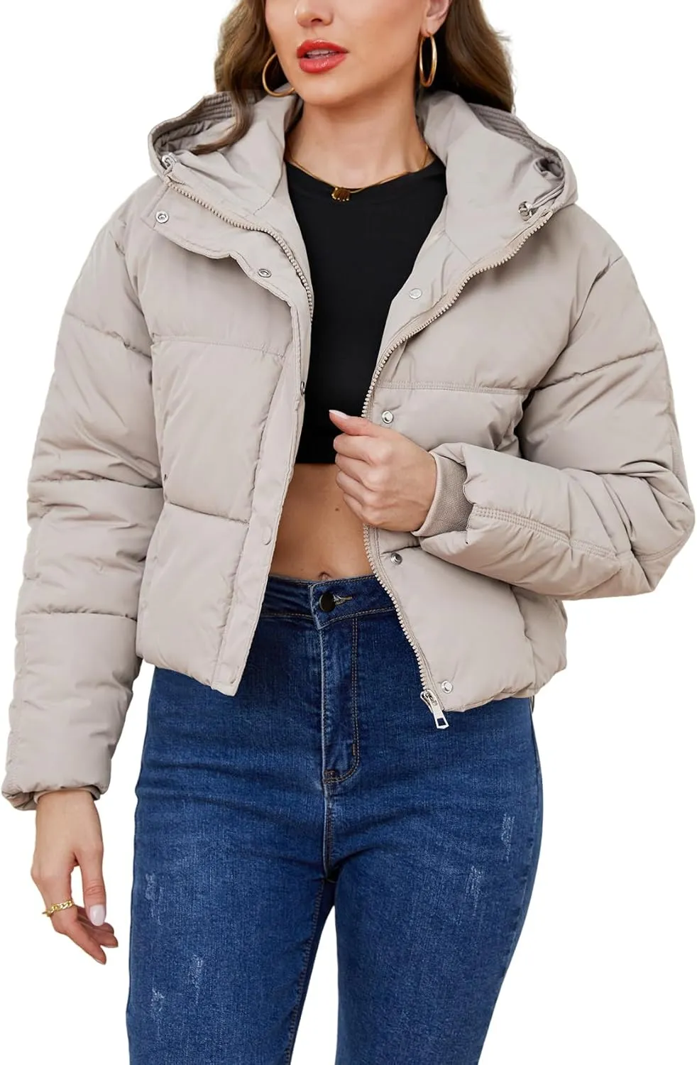 Gihuo Women's Cropped Puffer Jacket Zip Up Hooded Quilted Jackets Winter Short Padded Coat Outerwear