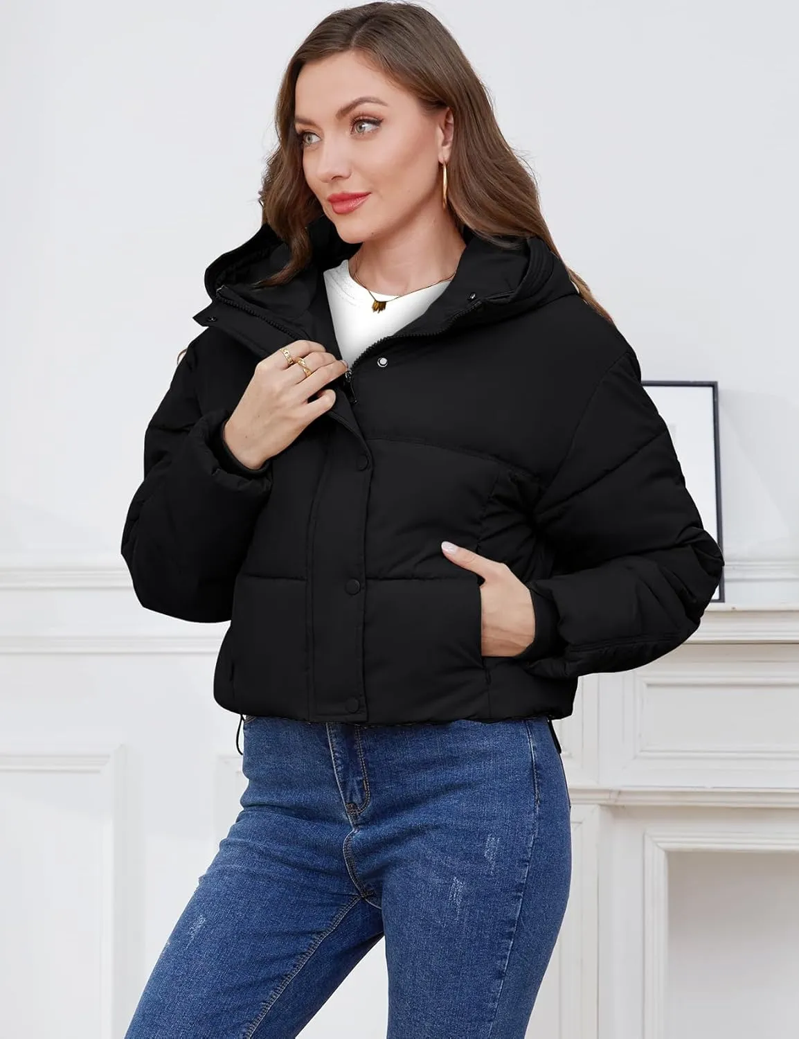 Gihuo Women's Cropped Puffer Jacket Zip Up Hooded Quilted Jackets Winter Short Padded Coat Outerwear