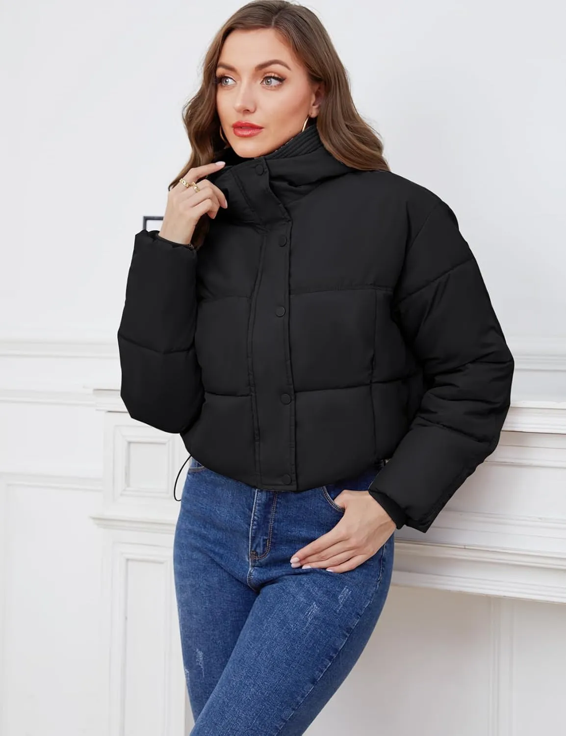 Gihuo Women's Cropped Puffer Jacket Zip Up Hooded Quilted Jackets Winter Short Padded Coat Outerwear