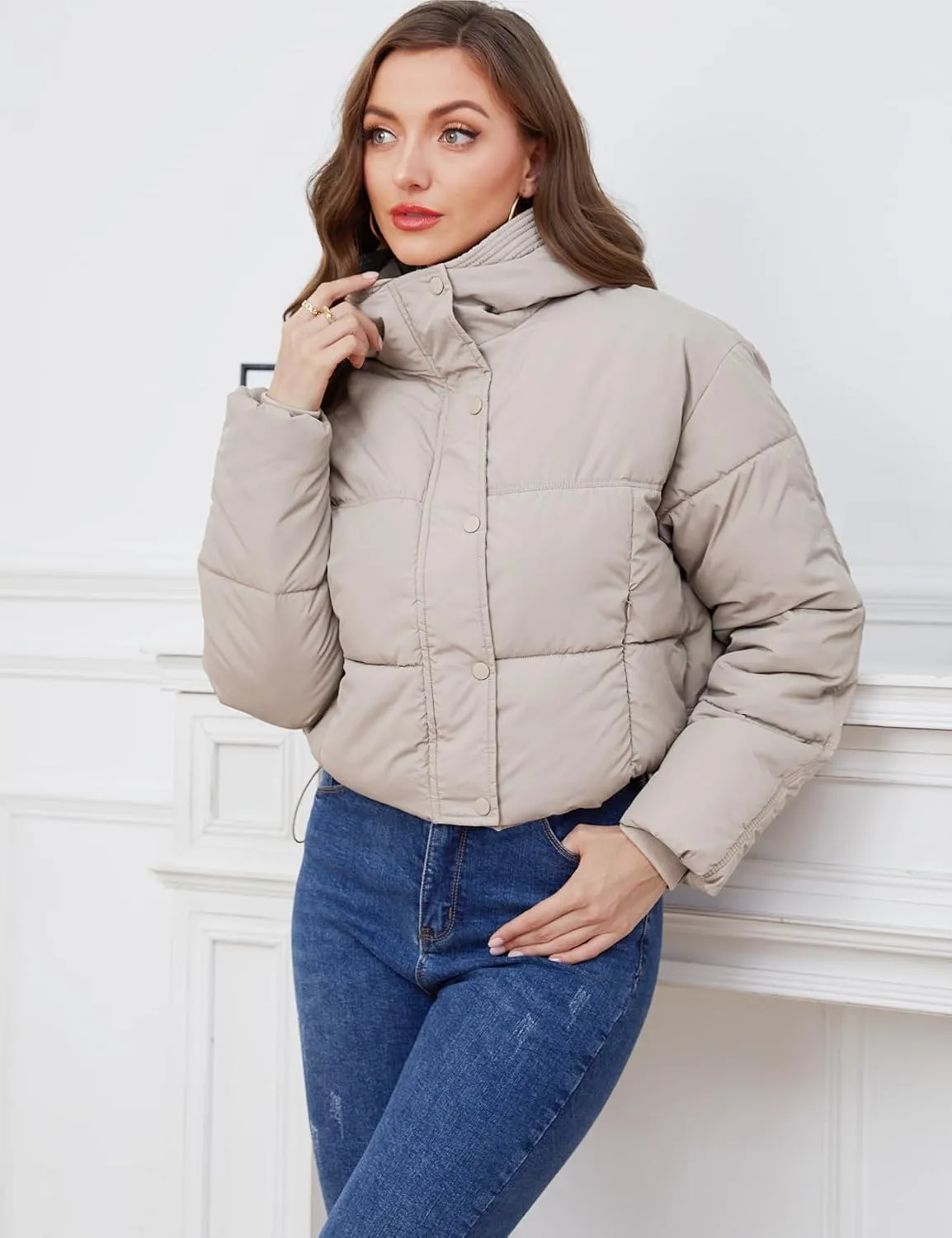 Gihuo Women's Cropped Puffer Jacket Zip Up Hooded Quilted Jackets Winter Short Padded Coat Outerwear