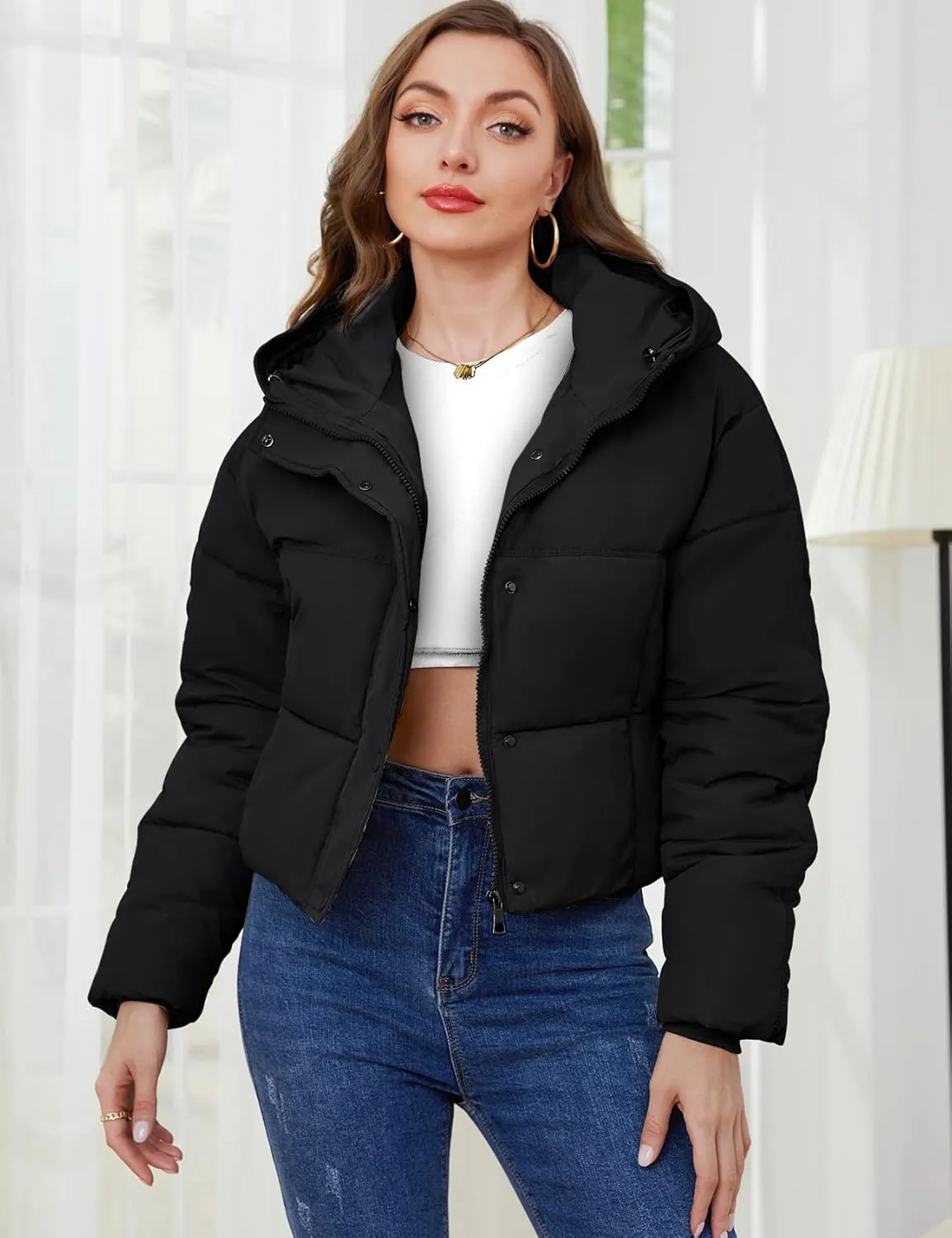 Gihuo Women's Cropped Puffer Jacket Zip Up Hooded Quilted Jackets Winter Short Padded Coat Outerwear