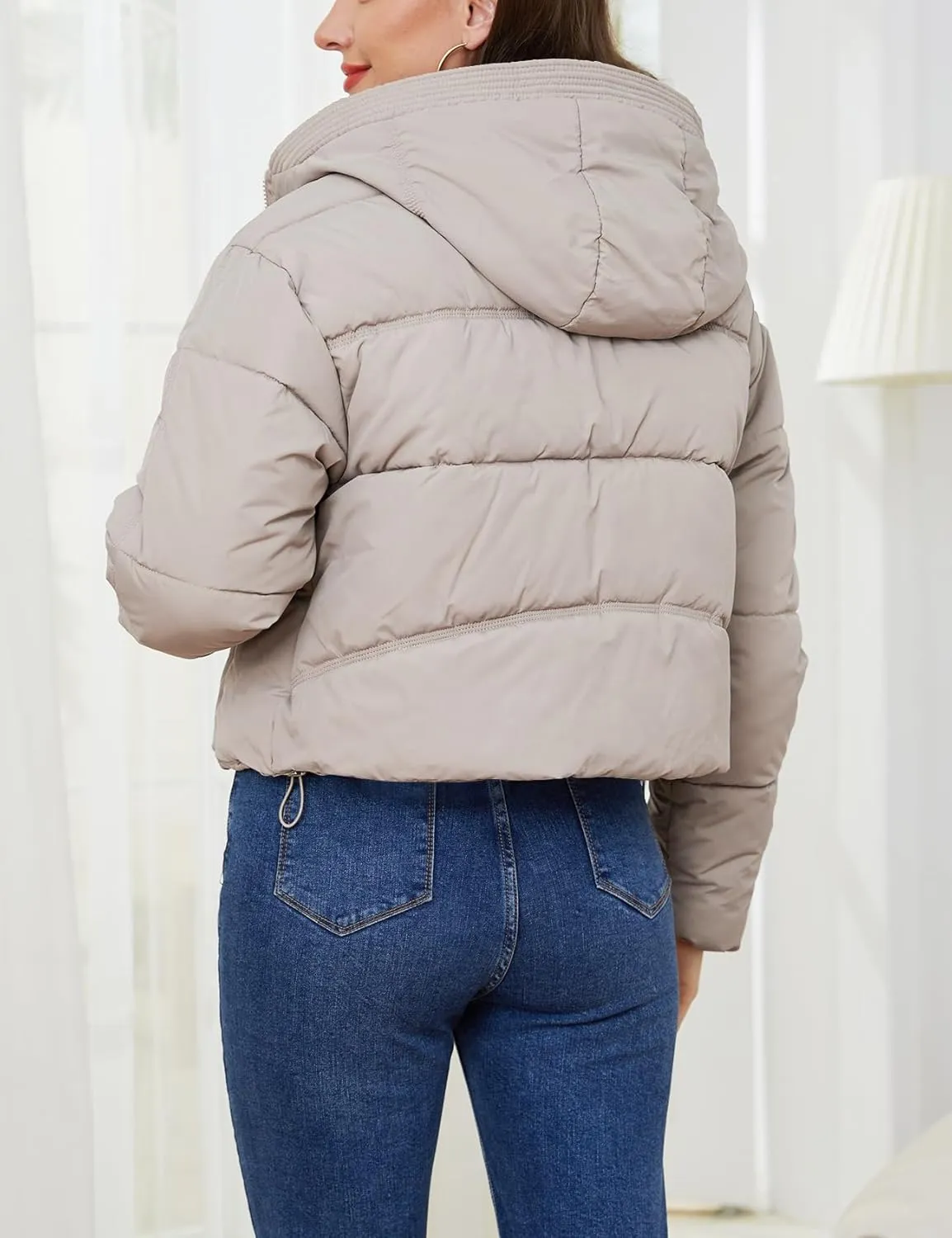 Gihuo Women's Cropped Puffer Jacket Zip Up Hooded Quilted Jackets Winter Short Padded Coat Outerwear