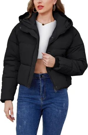 Gihuo Women's Cropped Puffer Jacket Zip Up Hooded Quilted Jackets Winter Short Padded Coat Outerwear
