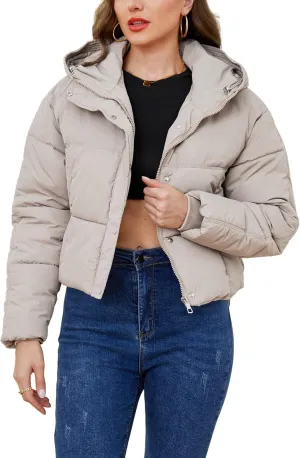 Gihuo Women's Cropped Puffer Jacket Zip Up Hooded Quilted Jackets Winter Short Padded Coat Outerwear