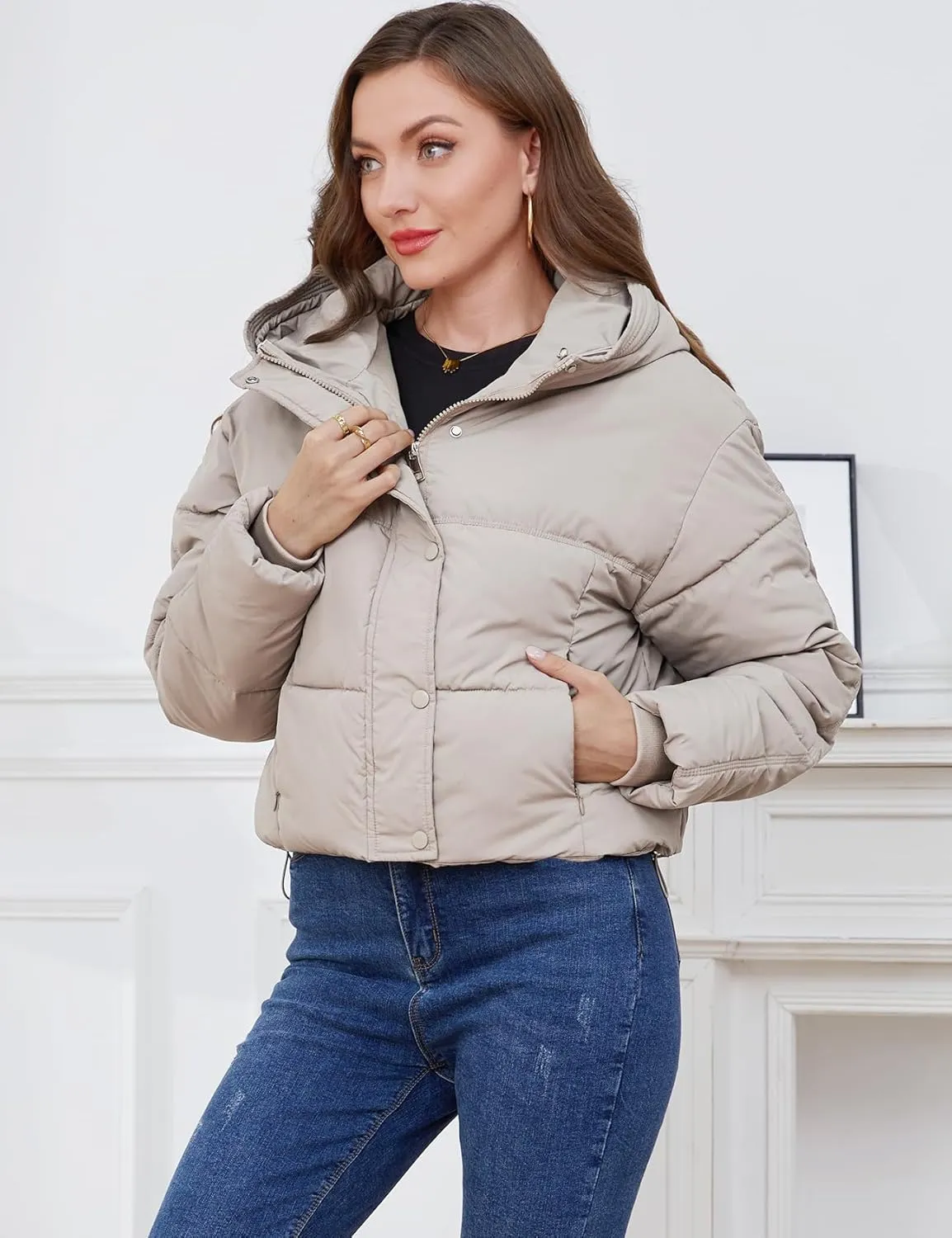 Gihuo Women's Cropped Puffer Jacket Zip Up Hooded Quilted Jackets Winter Short Padded Coat Outerwear