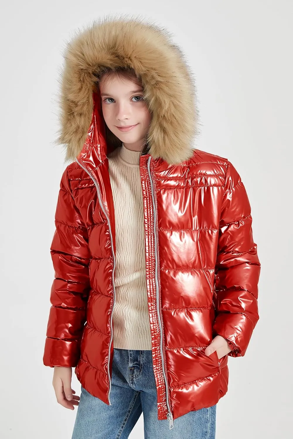 Giolshon Winter Girls Thickened Puffer coat shining Padded jacket Kids Ski Snow Outwear with Faux Fur Collar 7695