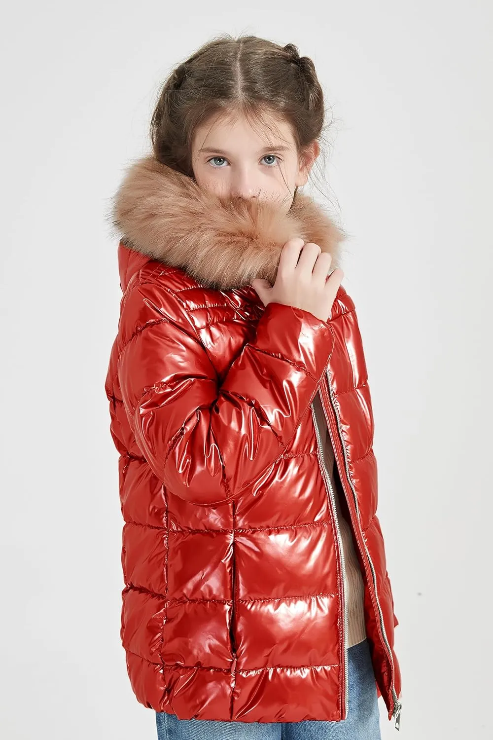 Giolshon Winter Girls Thickened Puffer coat shining Padded jacket Kids Ski Snow Outwear with Faux Fur Collar 7695