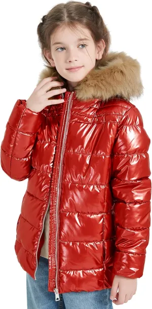 Giolshon Winter Girls Thickened Puffer coat shining Padded jacket Kids Ski Snow Outwear with Faux Fur Collar 7695