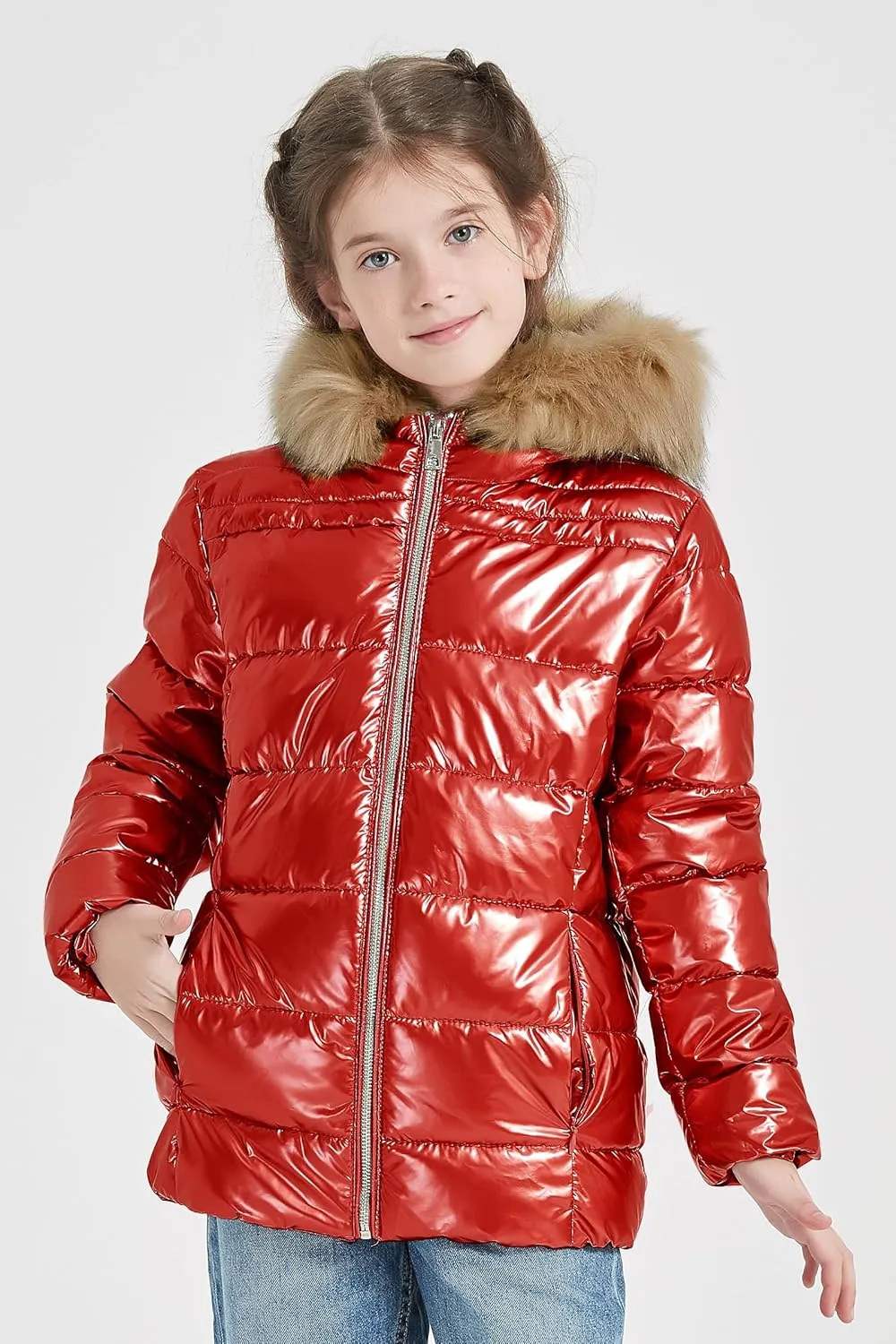 Giolshon Winter Girls Thickened Puffer coat shining Padded jacket Kids Ski Snow Outwear with Faux Fur Collar 7695