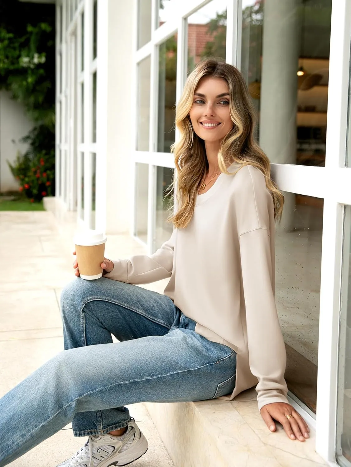 Glamaker Women's Long Sleeve V Neck Sweatshirt Air Essentials Soft Loose Pullover Sweatshirts