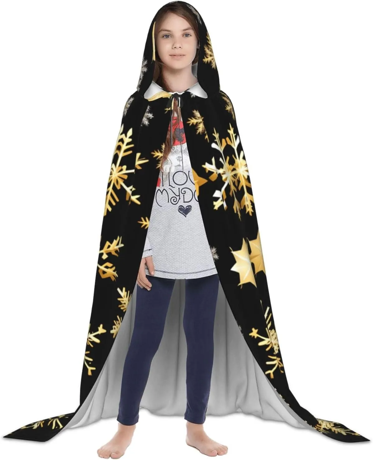 Golden Christmas Snowflakes Hooded Cloak Coat Winter Warm Long Cloak Cosplay Costumes Outerwear Carnivals