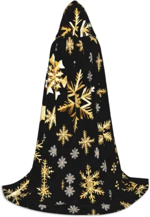 Golden Christmas Snowflakes Hooded Cloak Coat Winter Warm Long Cloak Cosplay Costumes Outerwear Carnivals