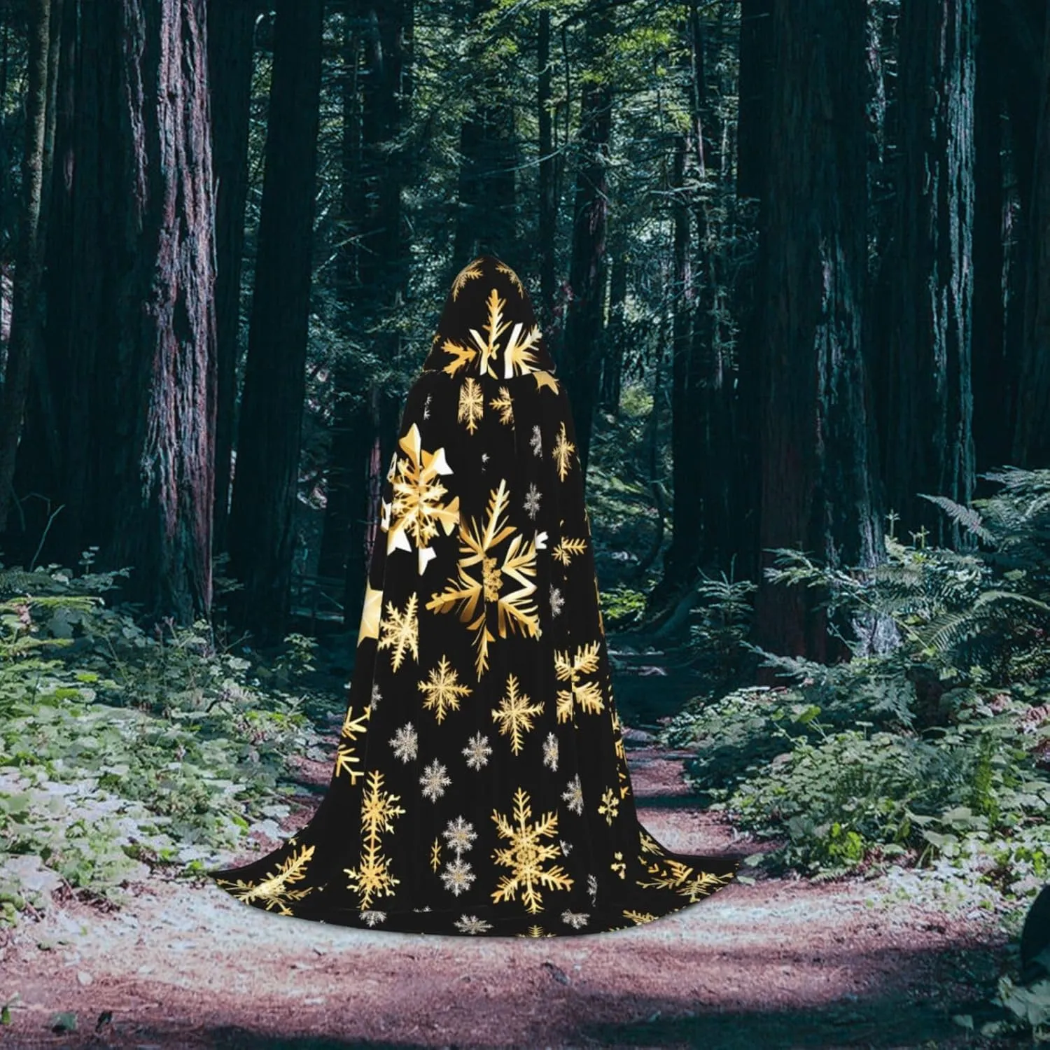 Golden Christmas Snowflakes Hooded Cloak Coat Winter Warm Long Cloak Cosplay Costumes Outerwear Carnivals