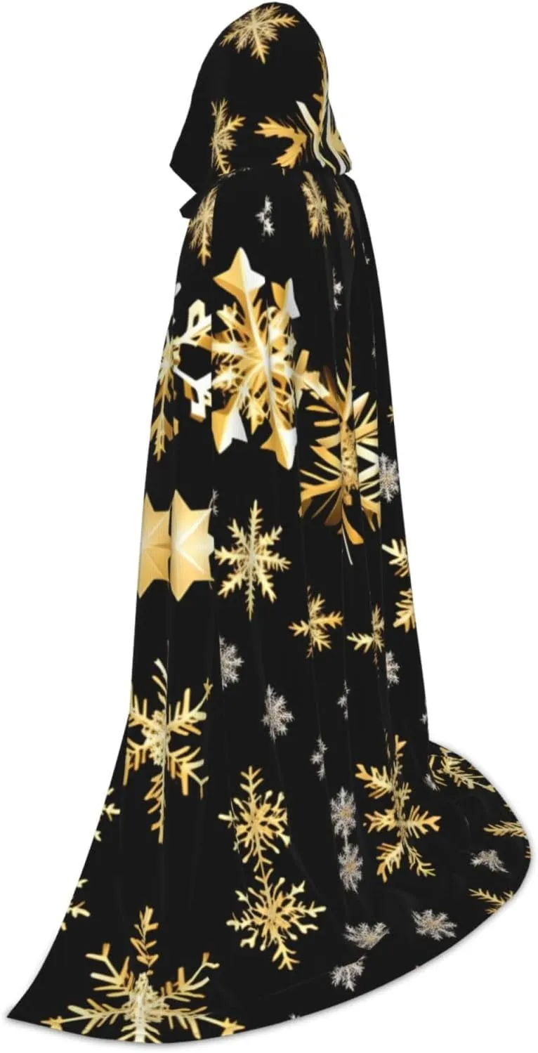Golden Christmas Snowflakes Hooded Cloak Coat Winter Warm Long Cloak Cosplay Costumes Outerwear Carnivals