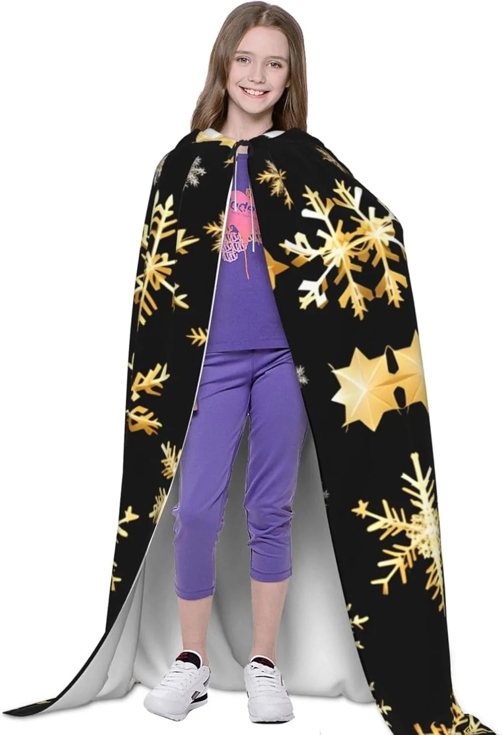 Golden Christmas Snowflakes Hooded Cloak Coat Winter Warm Long Cloak Cosplay Costumes Outerwear Carnivals