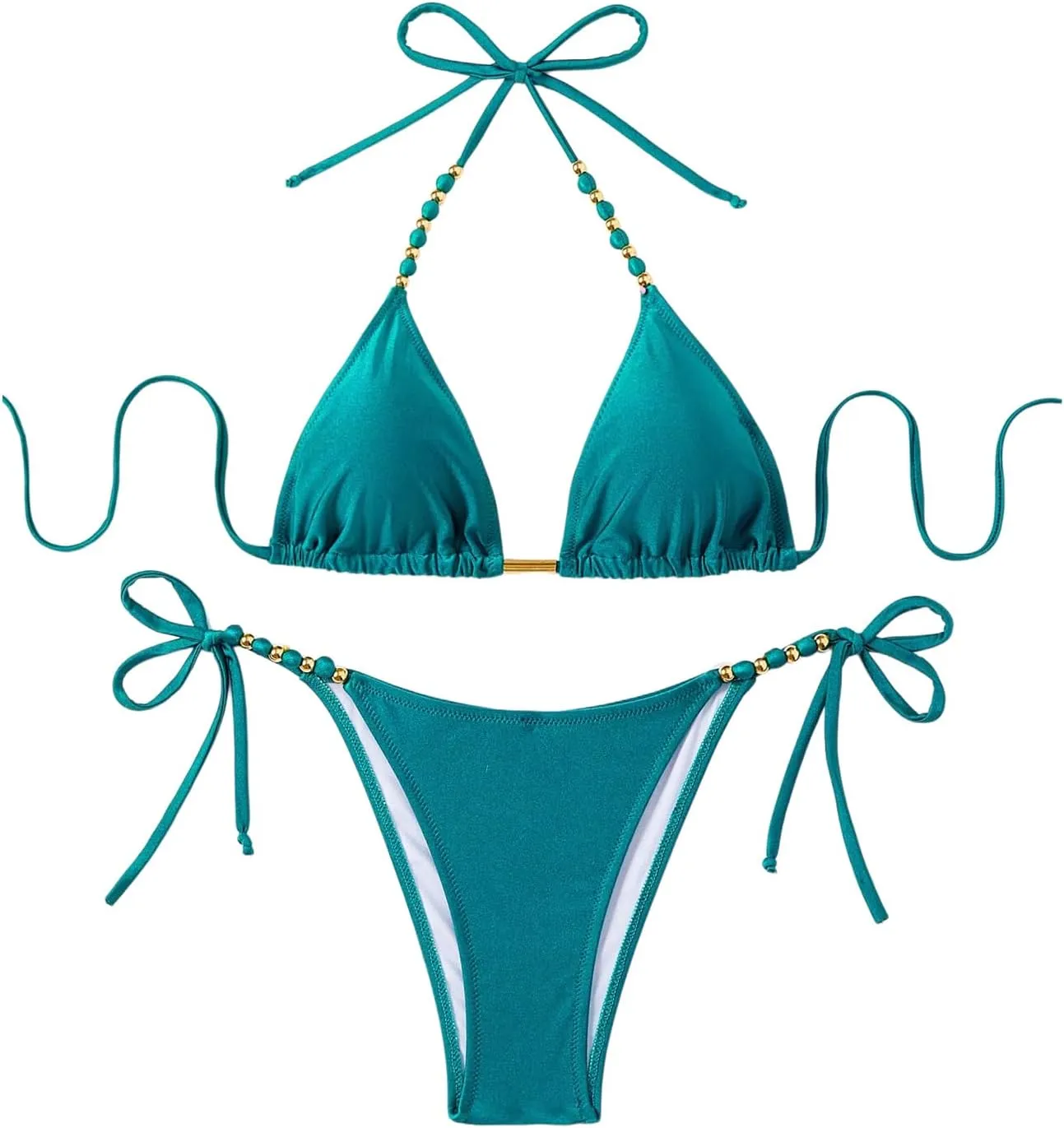 GORGLITTER Women's String Bikini Bead Triangle Swim Top and Tie Side Thong Cheeky Bathing Swimwear