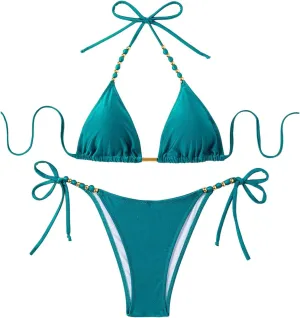 GORGLITTER Women's String Bikini Bead Triangle Swim Top and Tie Side Thong Cheeky Bathing Swimwear