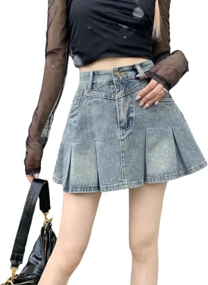 Gothic Denim Short Skirt Spicy Girl high Waisted A-line Pleated Denim Skirt Women's Summer Denim Short Skirt