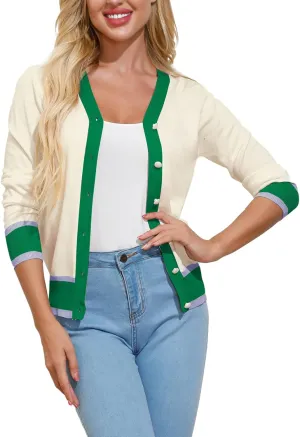 GRACE KARIN Womens Contrast Color Block Cardigan Sweaters Lightweight Long Sleeve Cropped Cardigan V-Neck Striped Shrugs