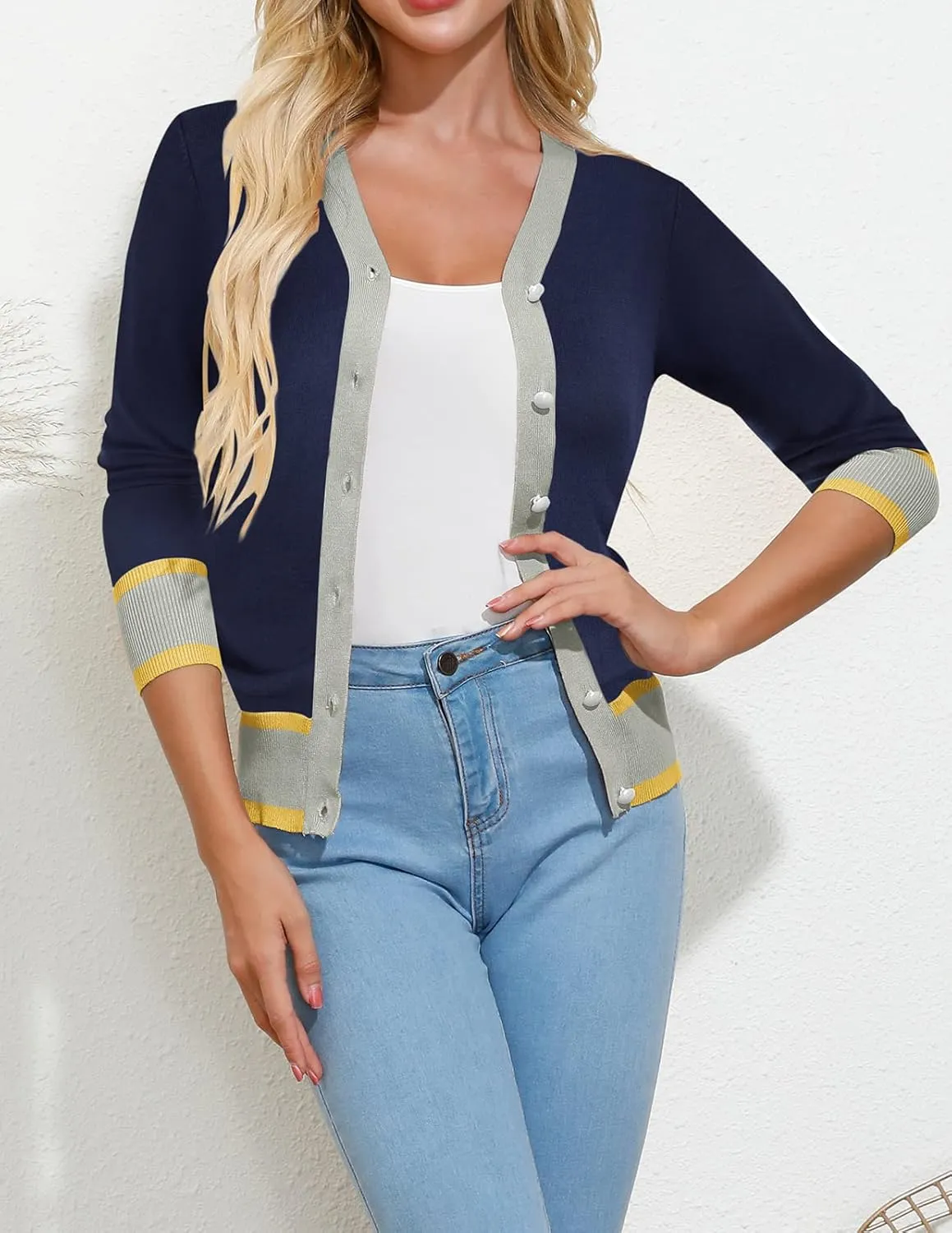 GRACE KARIN Womens Contrast Color Block Cardigan Sweaters Lightweight Long Sleeve Cropped Cardigan V-Neck Striped Shrugs