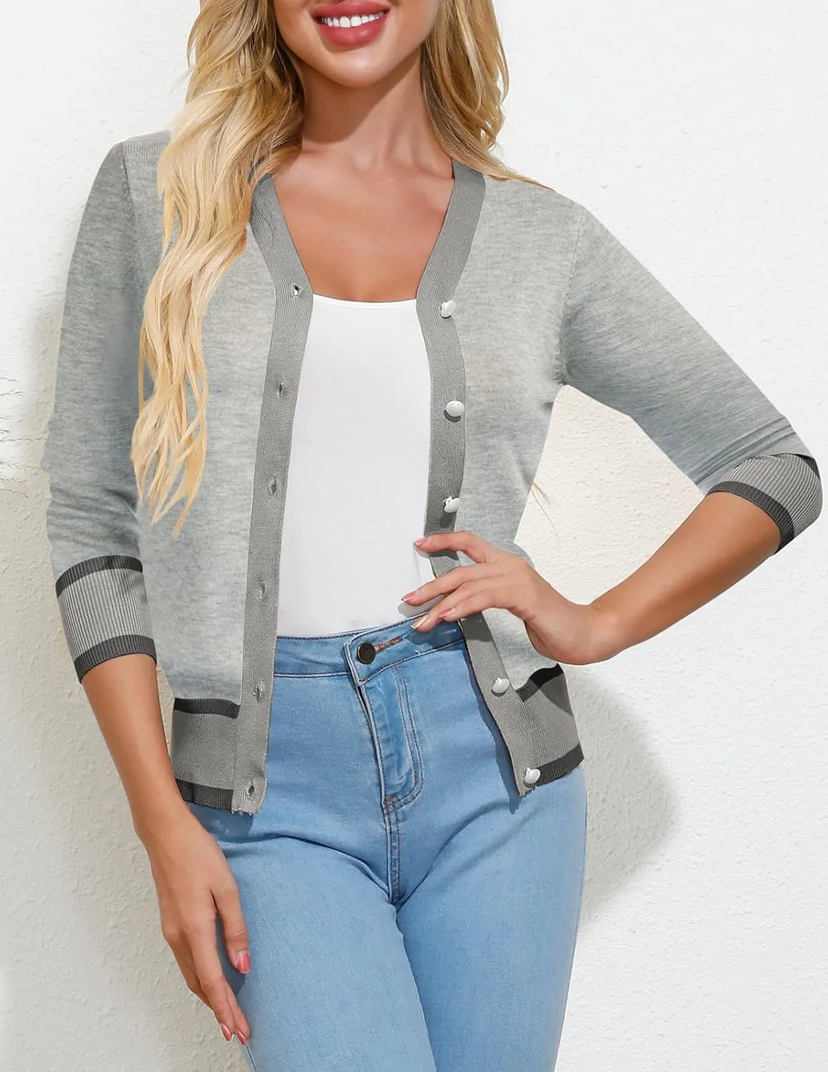 GRACE KARIN Womens Contrast Color Block Cardigan Sweaters Lightweight Long Sleeve Cropped Cardigan V-Neck Striped Shrugs