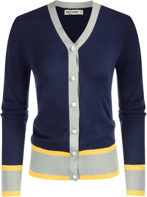 GRACE KARIN Womens Contrast Color Block Cardigan Sweaters Lightweight Long Sleeve Cropped Cardigan V-Neck Striped Shrugs