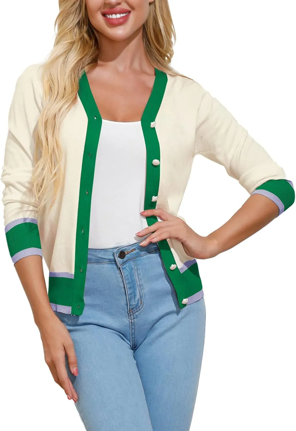 GRACE KARIN Womens Contrast Color Block Cardigan Sweaters Lightweight Long Sleeve Cropped Cardigan V-Neck Striped Shrugs