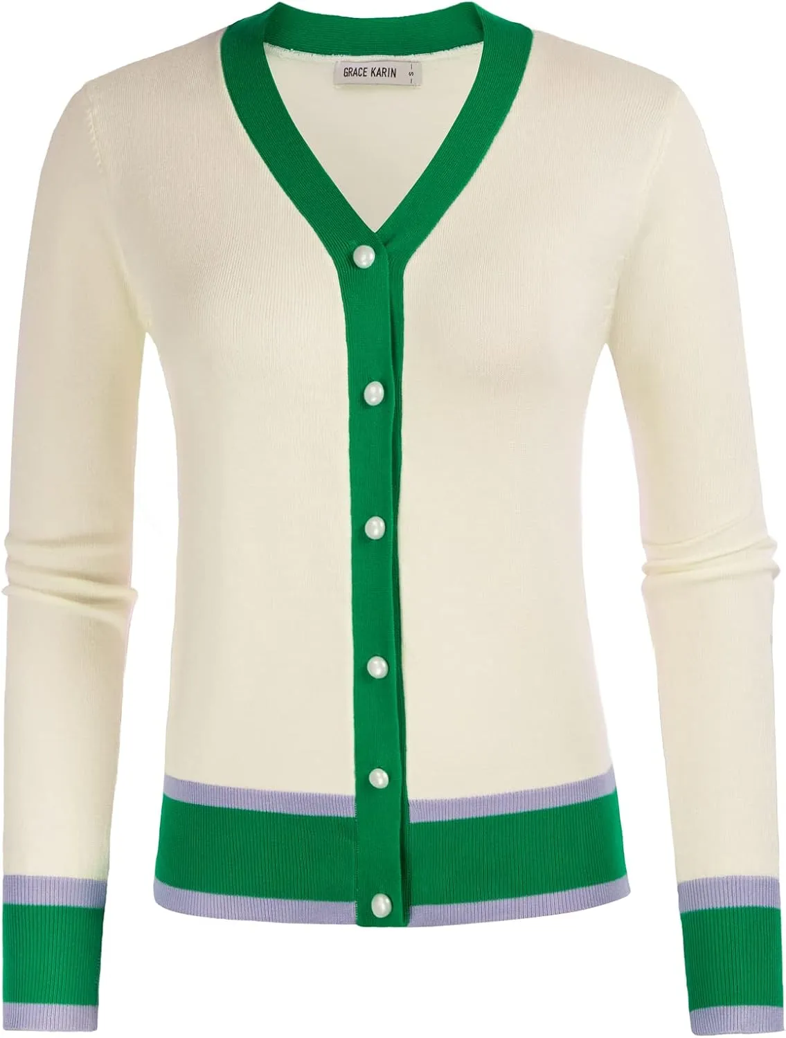 GRACE KARIN Womens Contrast Color Block Cardigan Sweaters Lightweight Long Sleeve Cropped Cardigan V-Neck Striped Shrugs